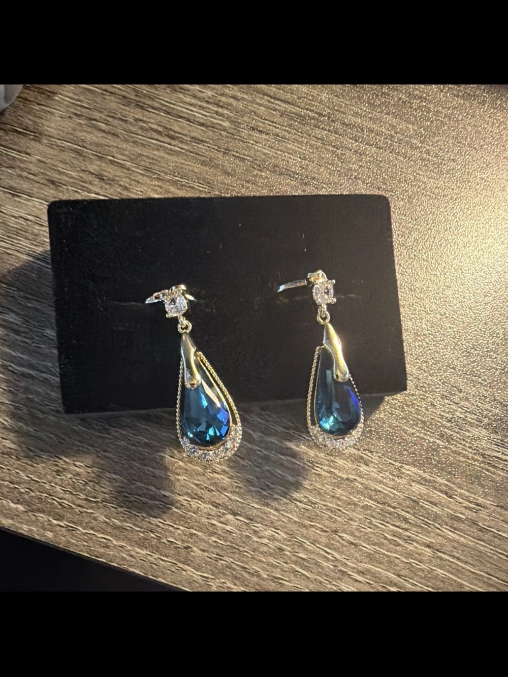 Gold Drop Earrings with Deep Teal Teardrop Stones